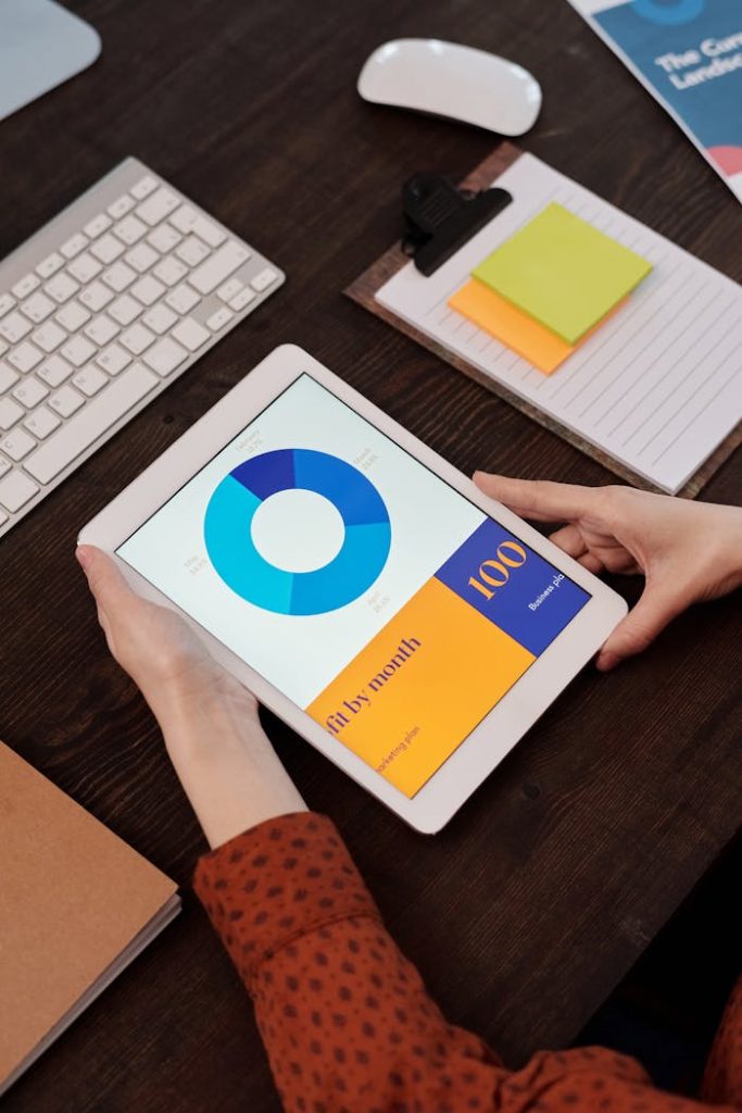 Modern office setting featuring a digital tablet displaying a graph, perfect for business presentations.